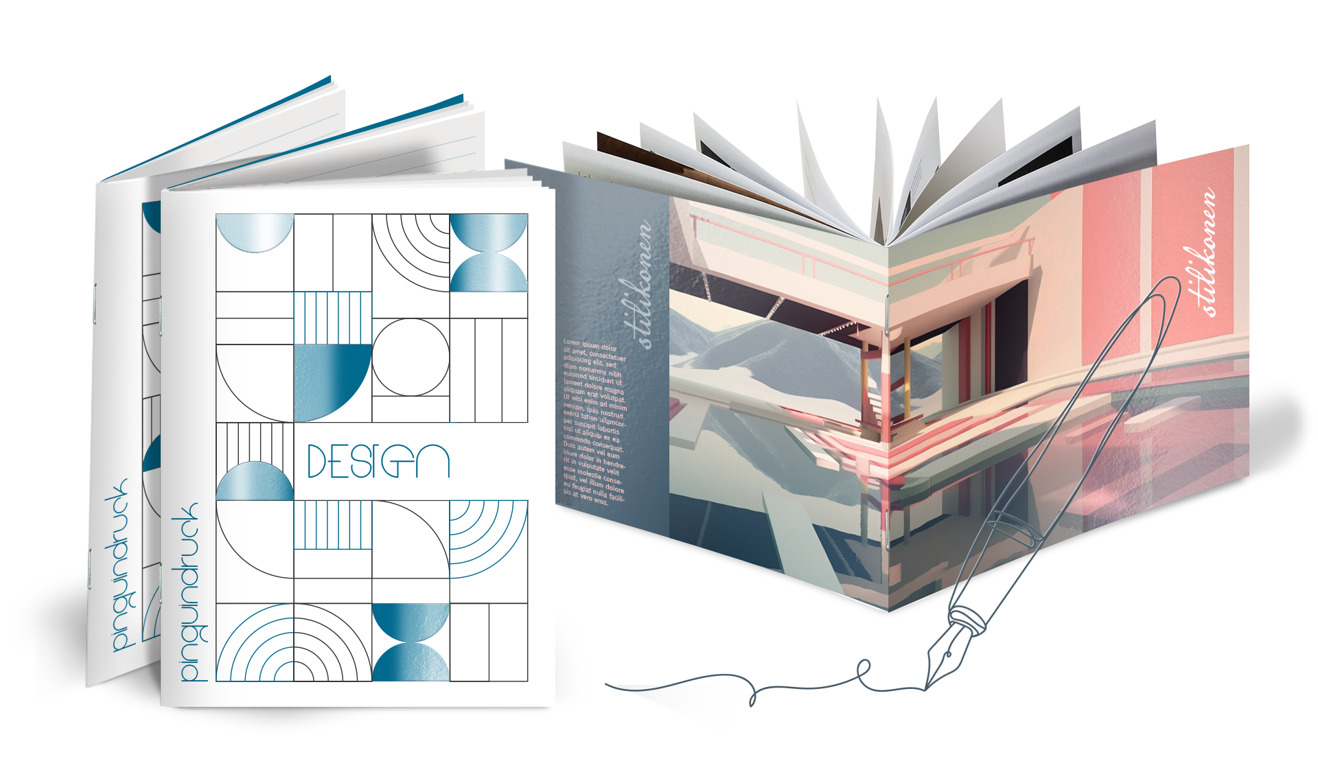 Rückstichgeheftete Broschüren auf Natur- und Designpapier